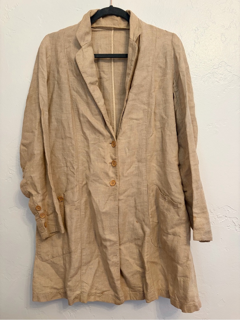 Beige Linen Long Blazer Jacket, L/XL
